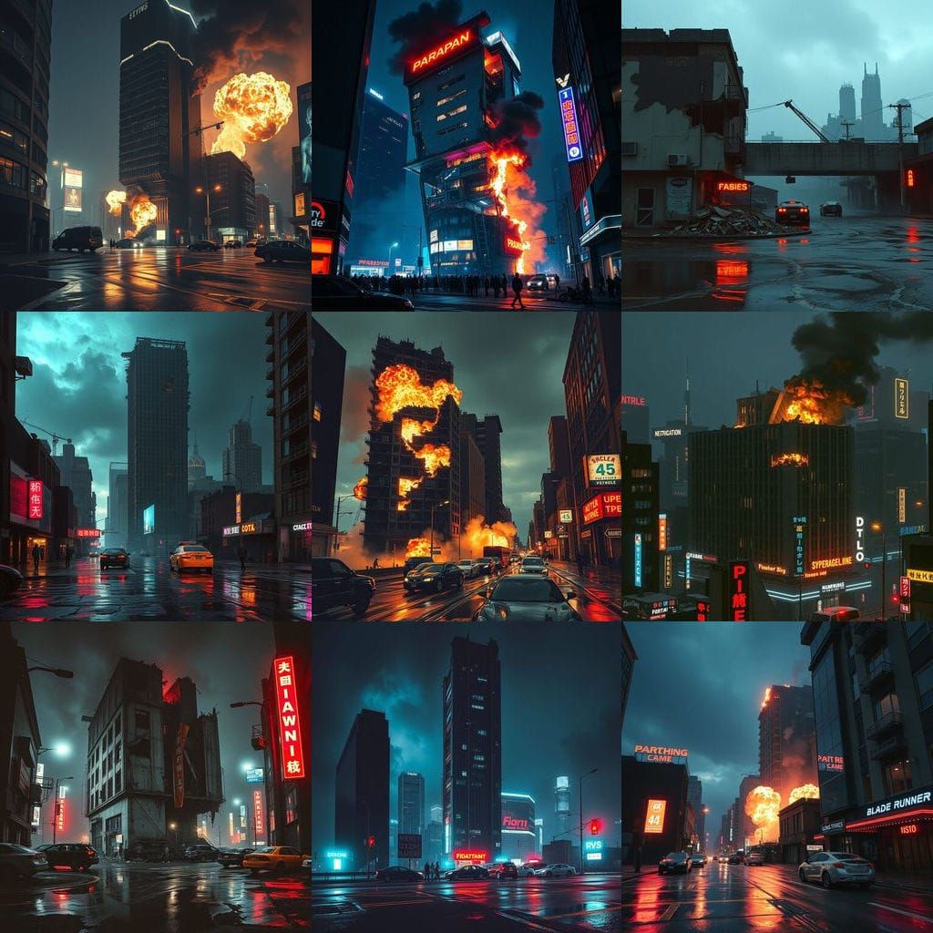 Cyberpunk Cityscape in Ruins, Dystopian Futurism