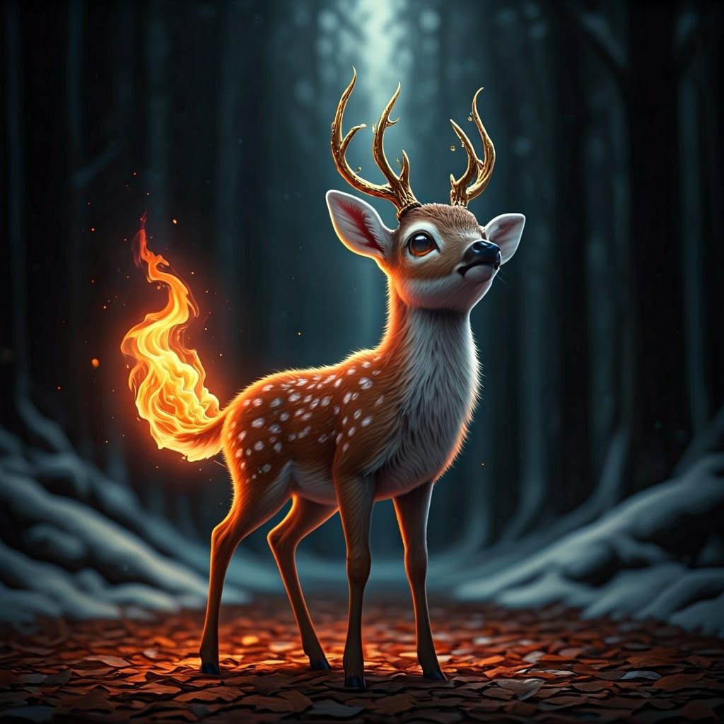 Fiery Baby Deer in Autumn Forest: Digital Art