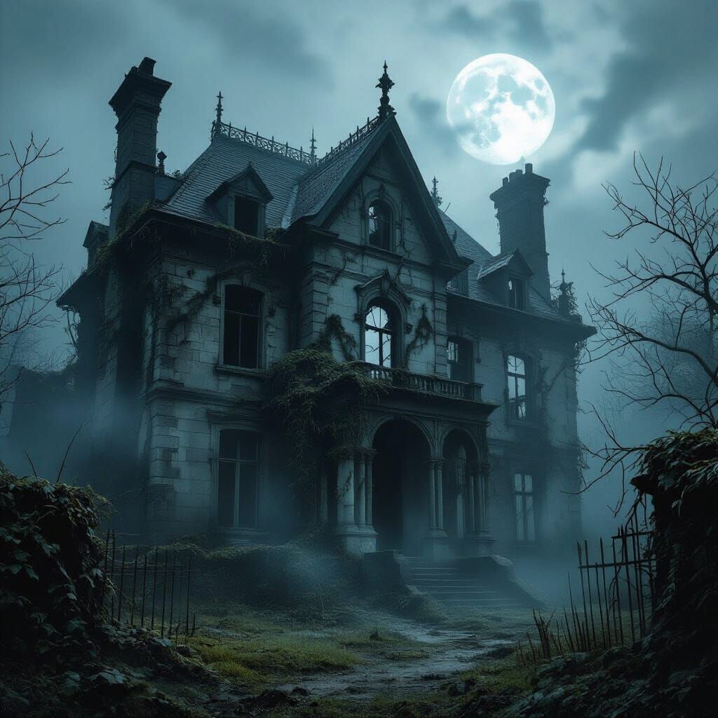 Eerie Victorian Manor in Mist: A Dark Biomechanical Horror