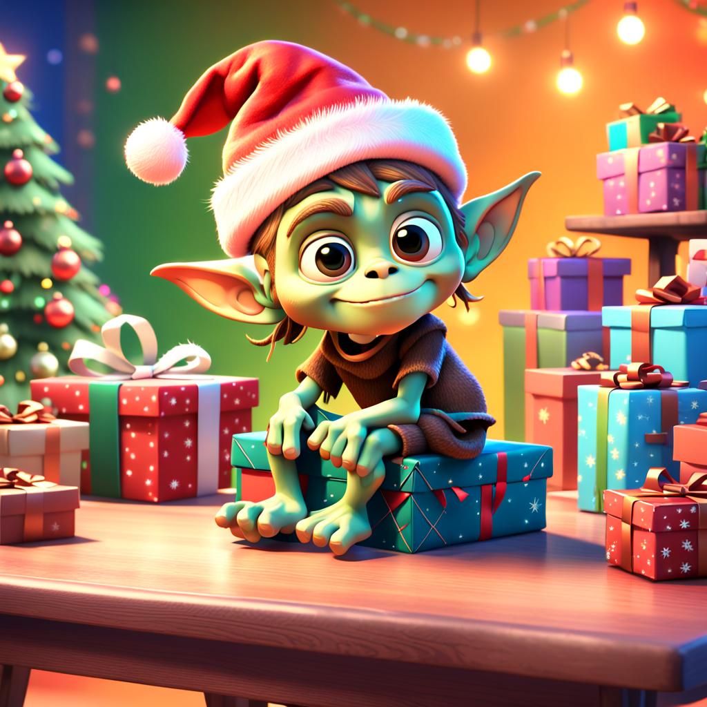 Cute Christmas Goblin with Gifts as 3D Art