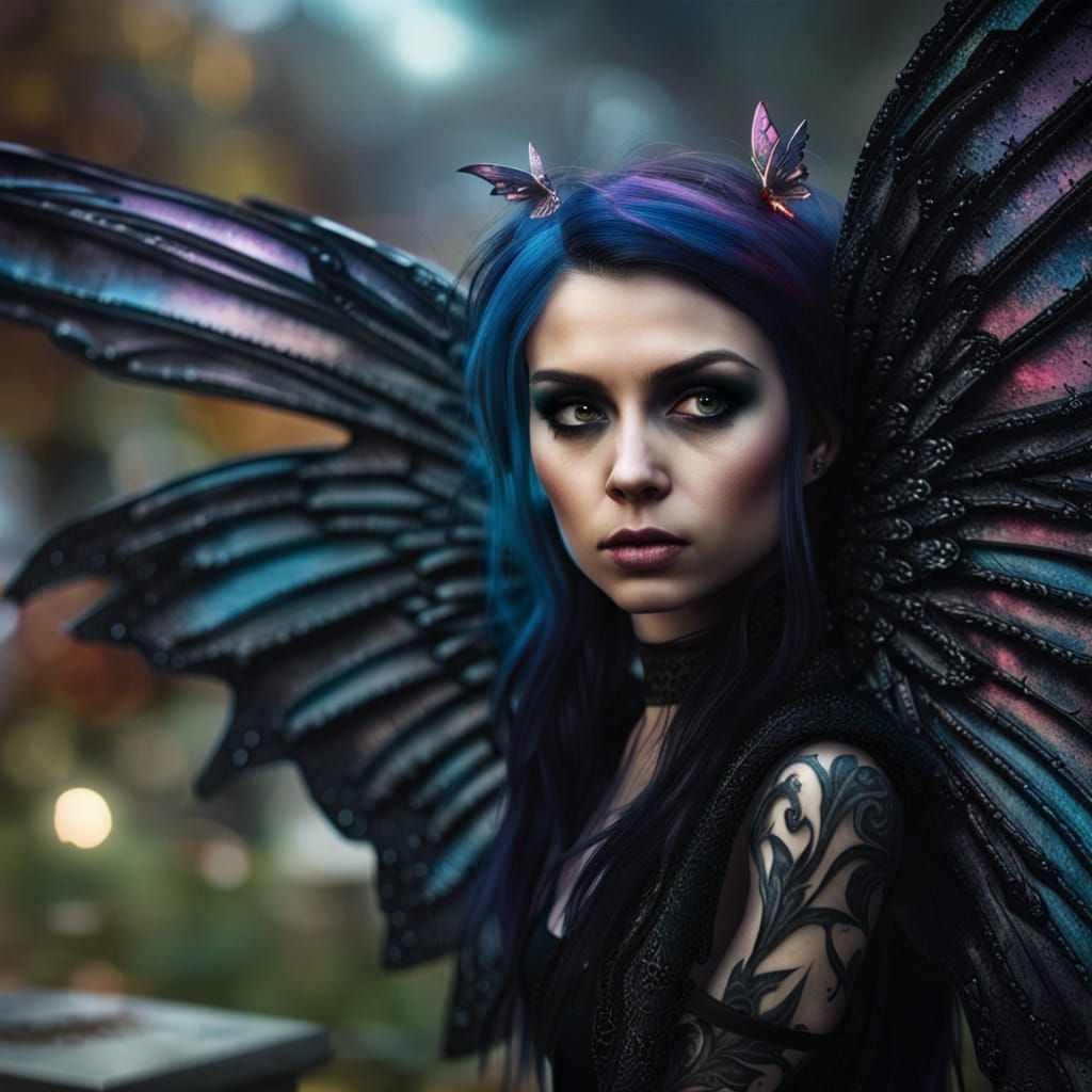 Gothic Fairy with Wings in Cemetery: Hyperrealistic Art