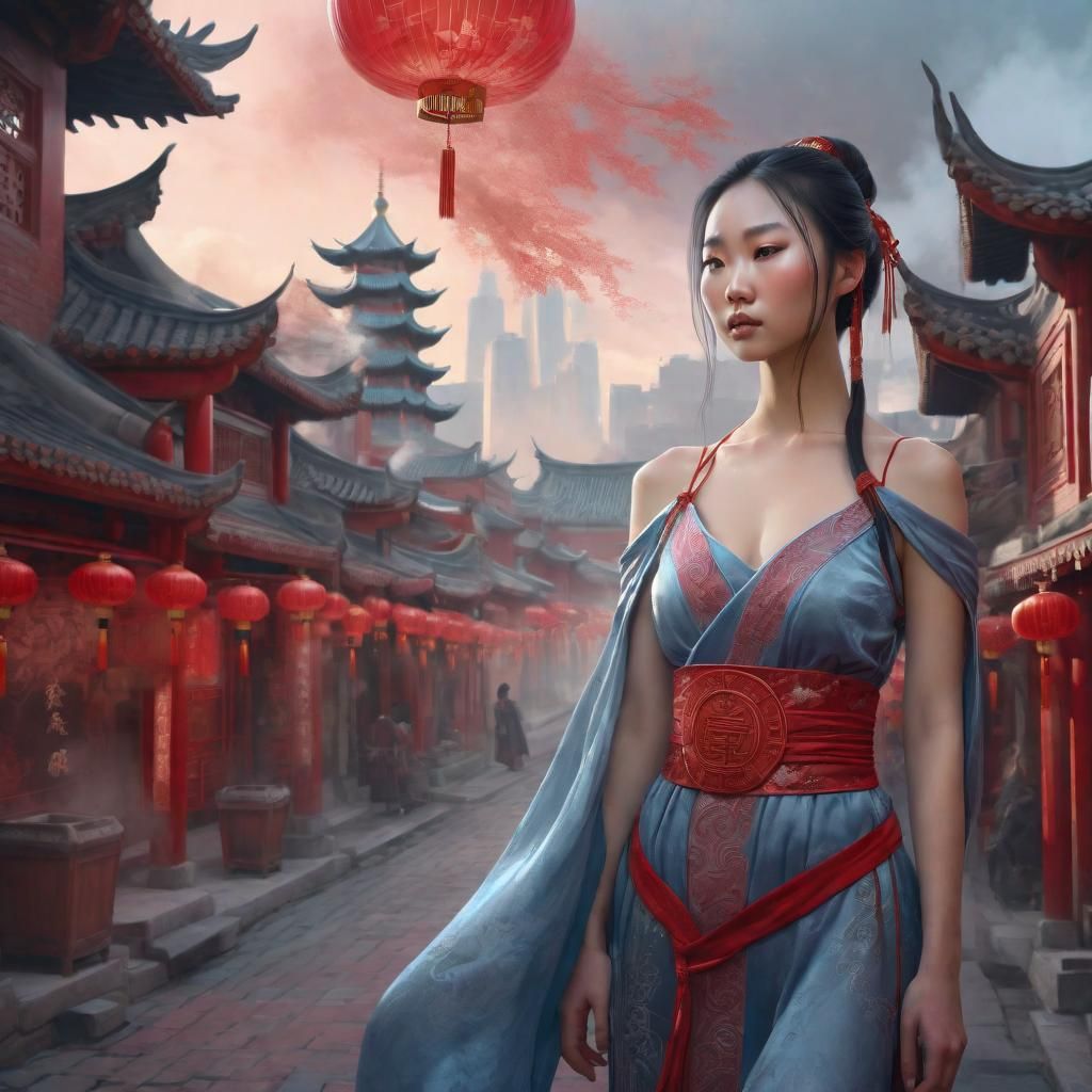 Young beautiful Chinese woman in China Town in medieval china