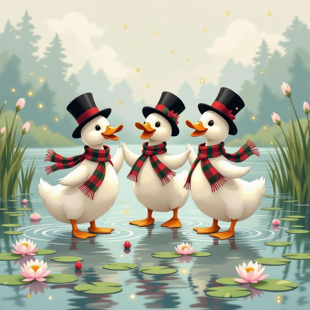 Scottish Ducks Dance on Misty Loch in Ghibli Style