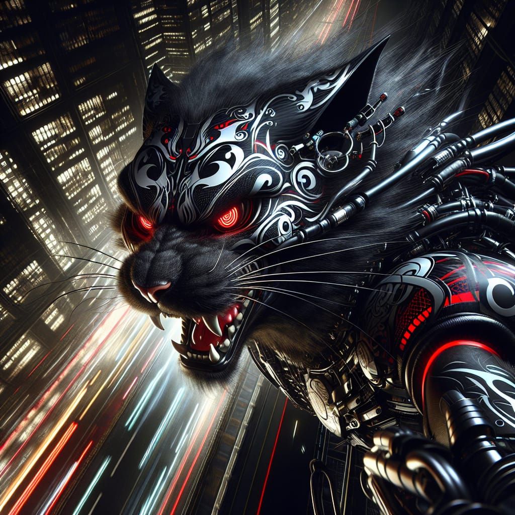 Aggressive Futuristic Black Cat in Dark Cityscape