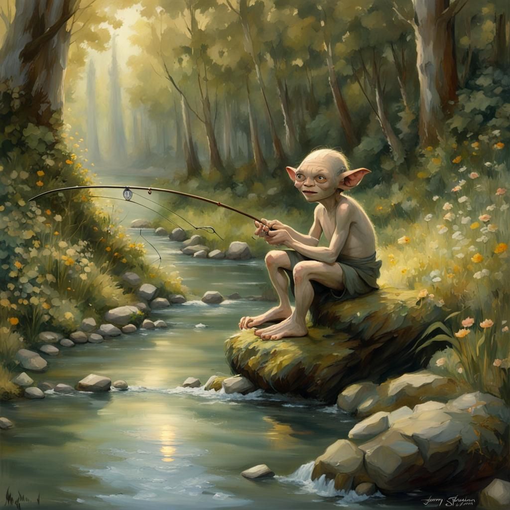 Gollum Fishing in Middle Earth, Ghibli Style