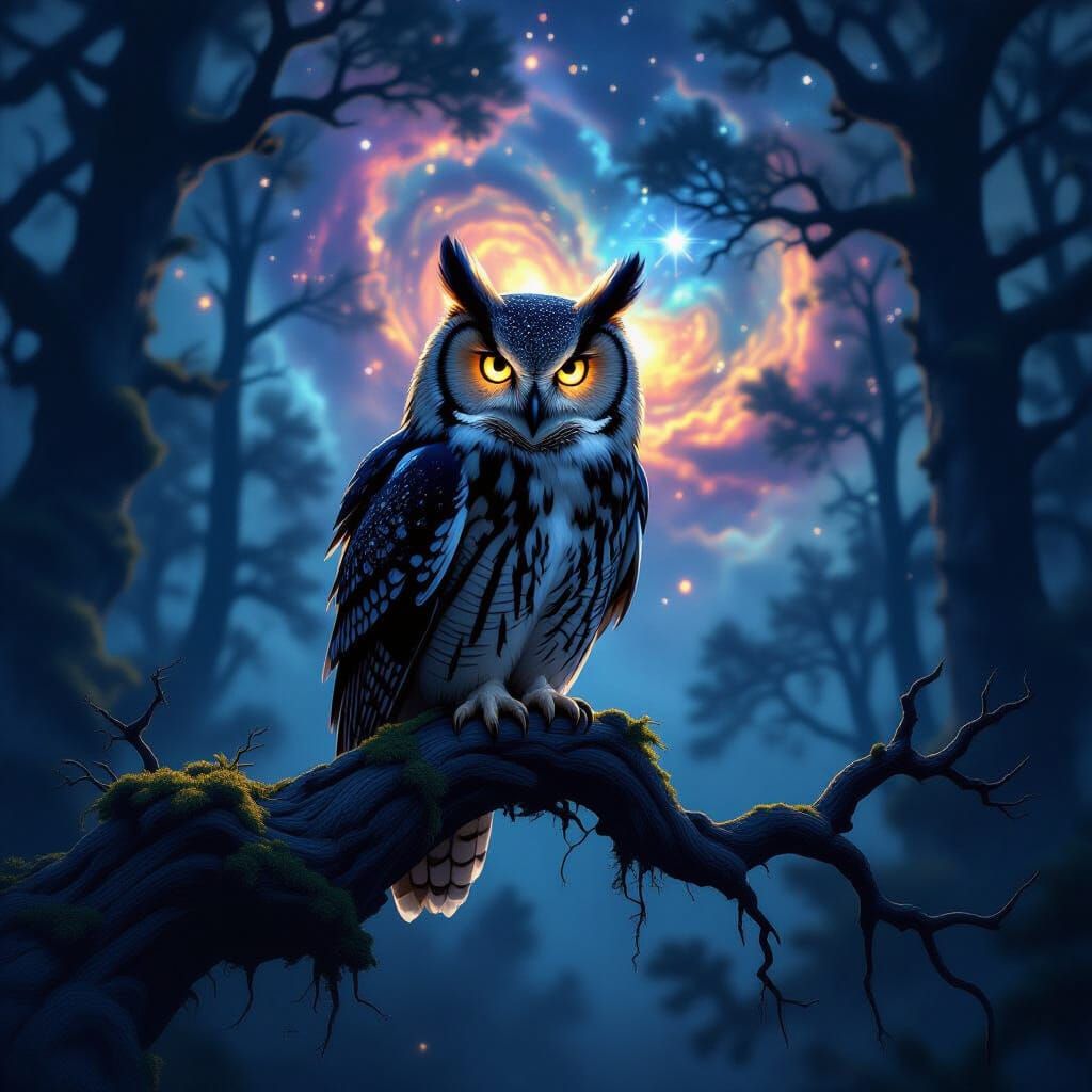 Ancient Owl with Glowing Eyes in Twilight Forest Nebula