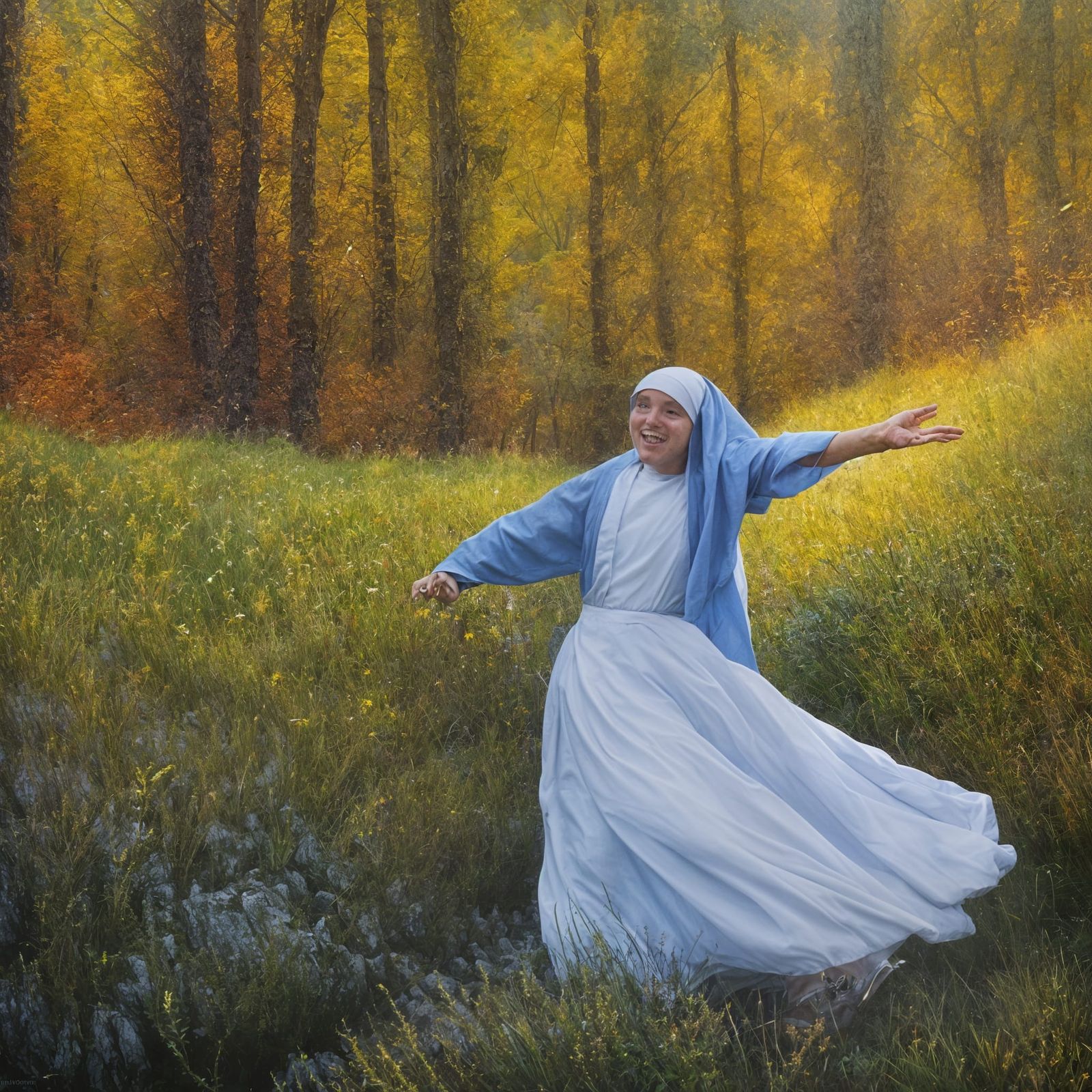 An old nun dances for joy
