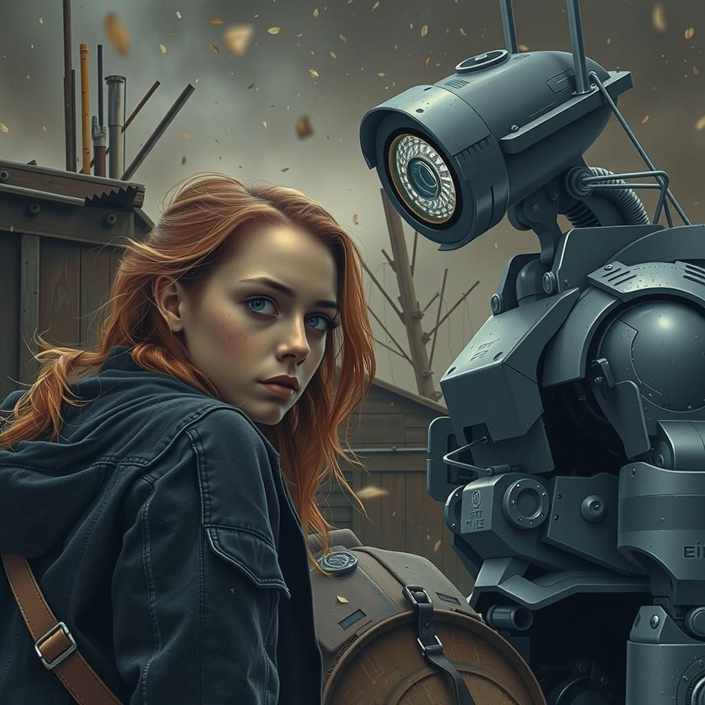 Tense Encounter: Woman and Robot in Dystopian Scene