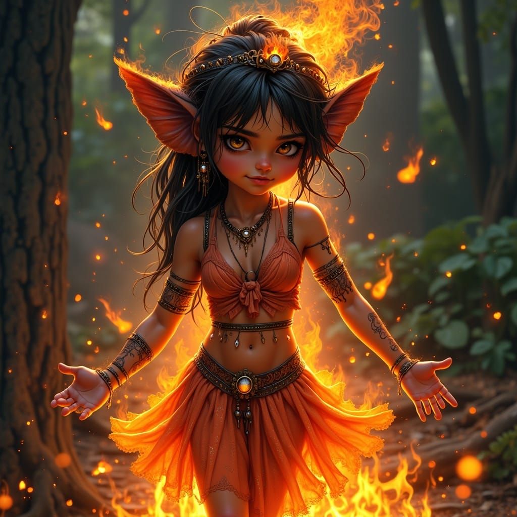 Whimsical Fire Genie in Magical Forest