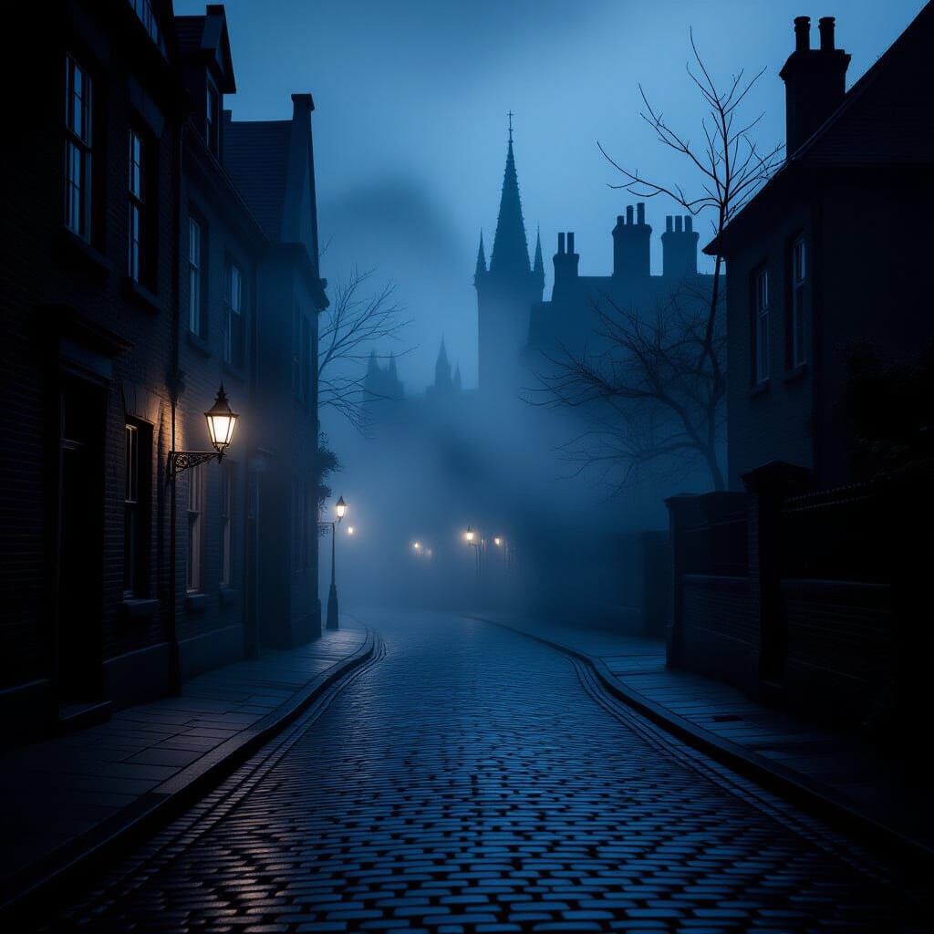 Midnight Cobblestone Street in Eerie Fog