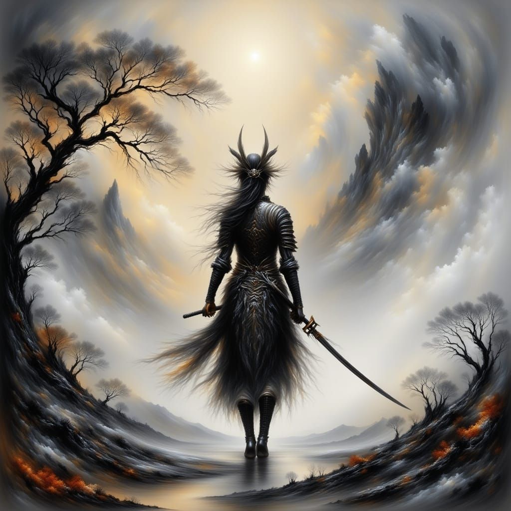 Female Samurai with Tattoos in Misty Landscape