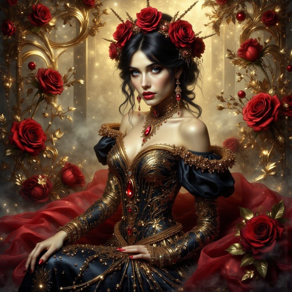 Baroque Woman with Roses in Art Nouveau Punk Style