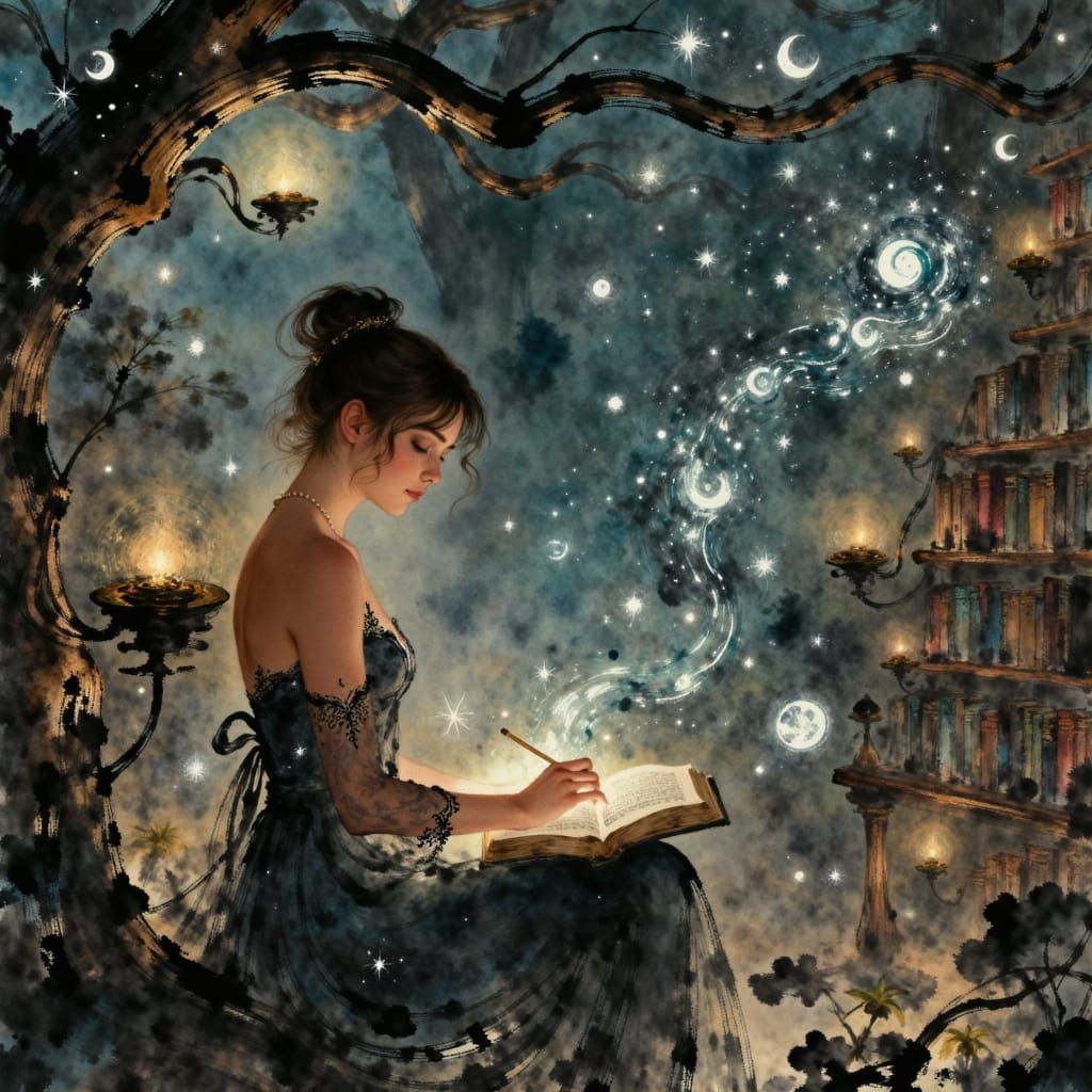 Enchanted Library Scene with Self-Writing Book