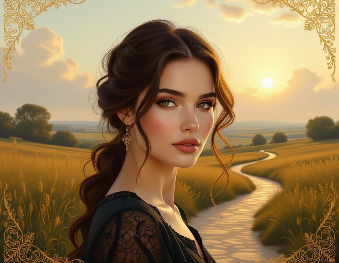 Contemplative Woman with Golden Details and Ethereal Landsca...