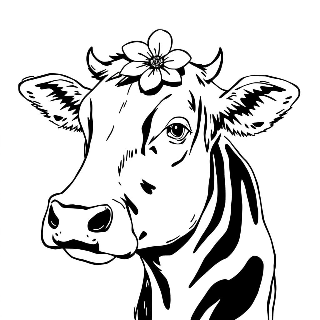 Cow with Flower Sketch in Classic Illustration Style