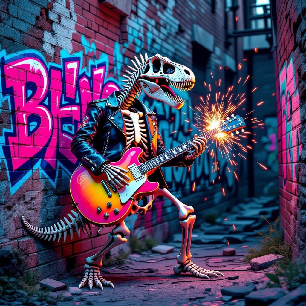 Dinosaur Skeleton Guitarist in Retro-Futuristic Graffiti All...