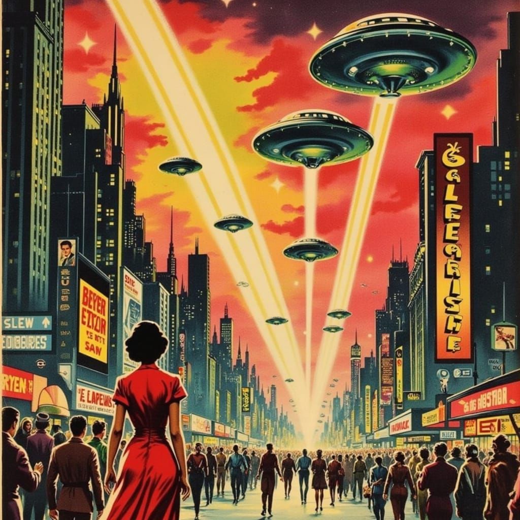 Retro Sci-Fi Movie Poster: Alien Invasion in Mid-Century Sty...