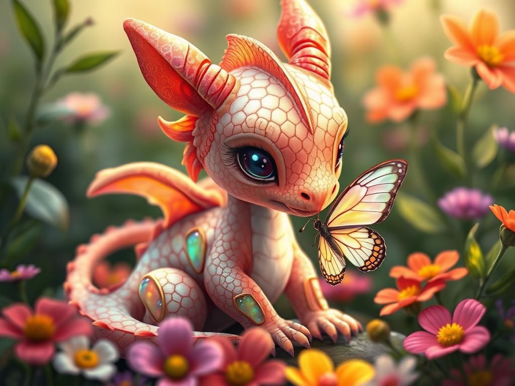 Baby Dragon Sniffing Butterfly in Whimsical Style
