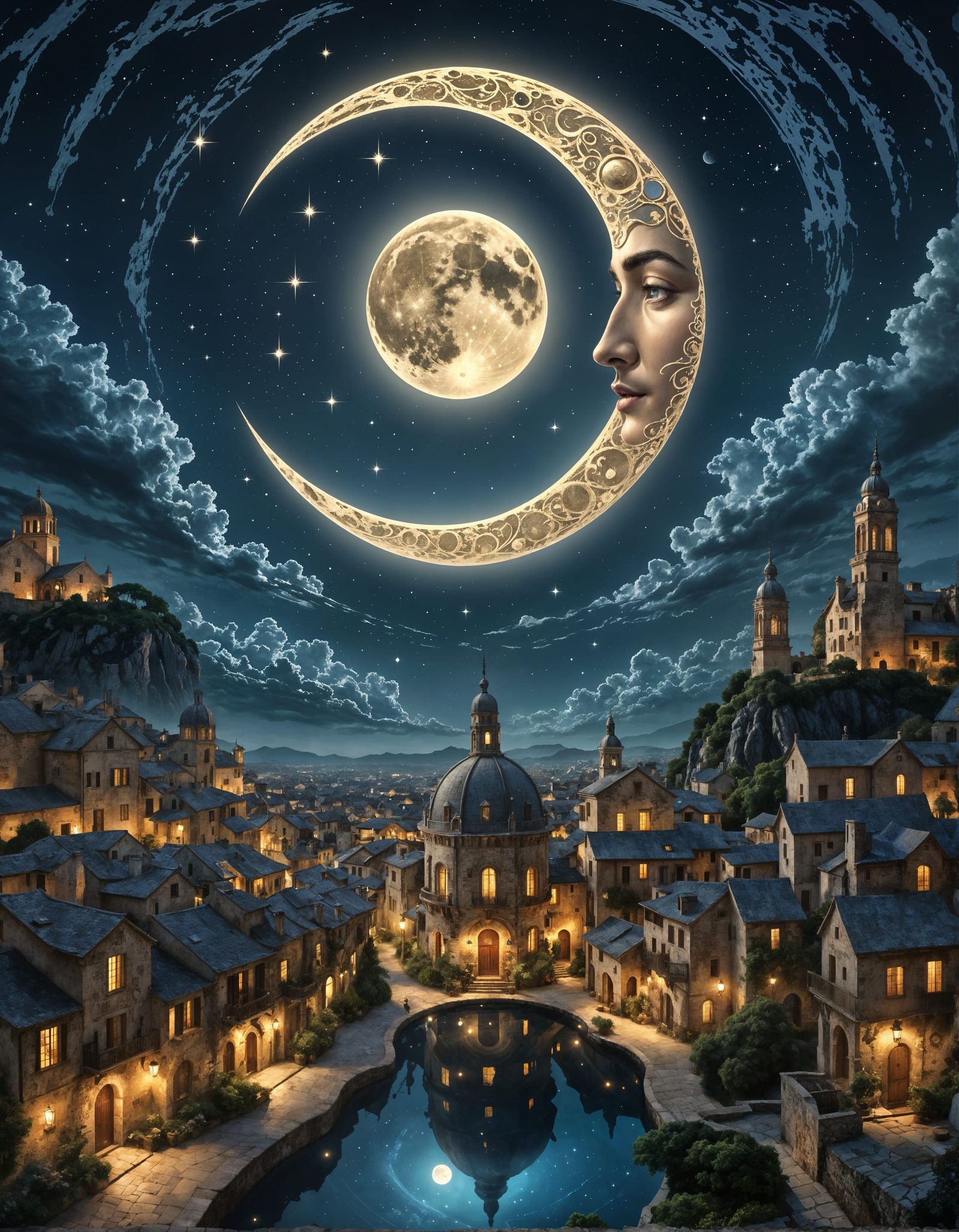 Surreal Moon Over Magic Clock Town in Cell-Shaded Style