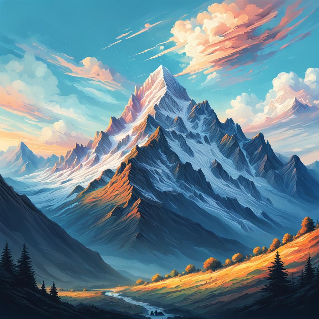 Impressionist Mountain Sunset in Light Blue Hues