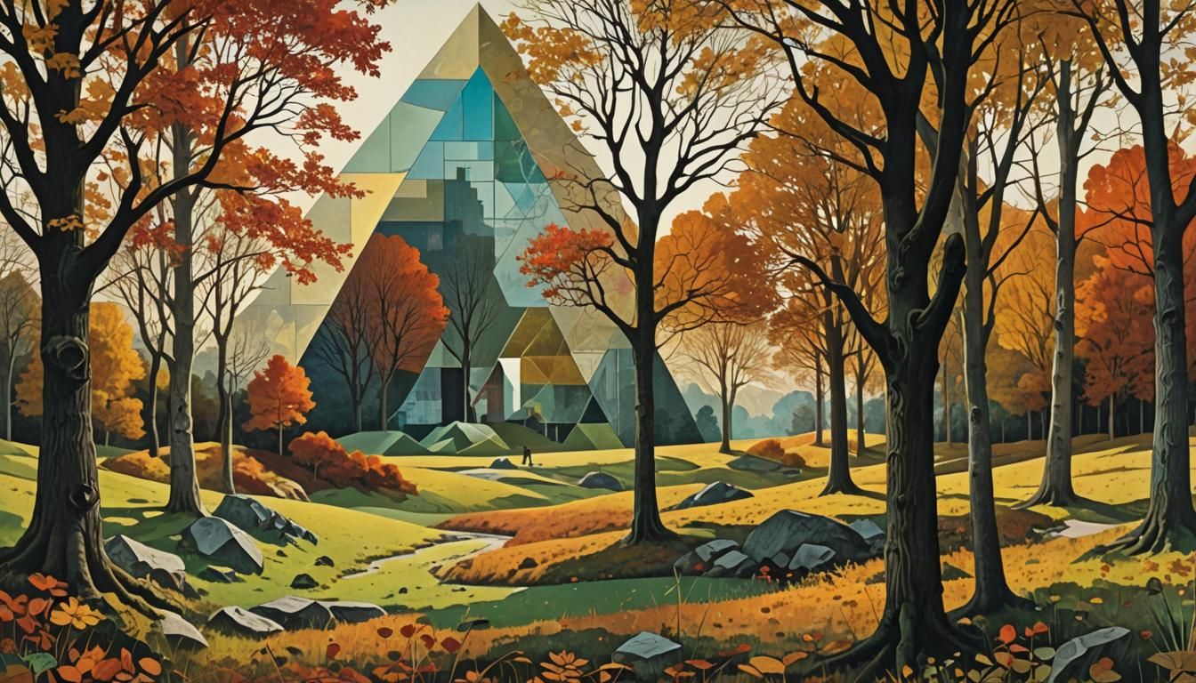 Autumn Meadow Collage in Cubist Style