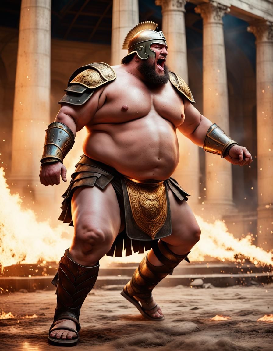 Fiery Overweight Gladiator Battle in Hyperreal Style