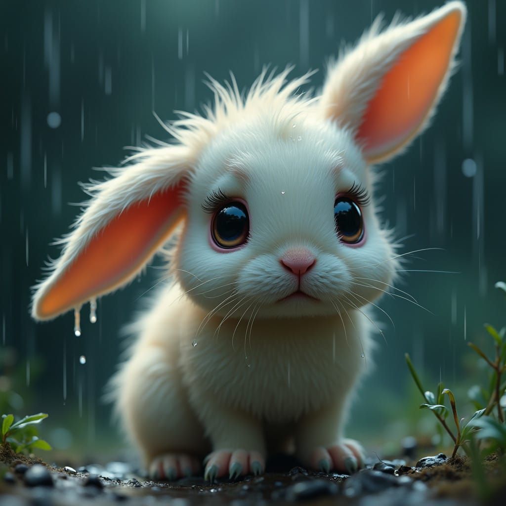 Surreal Fantasycore Portrait of a Soaked Fluffy Bunny