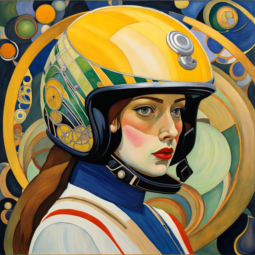 Girl with Tennis Ball Helmet in Art Nouveau Style