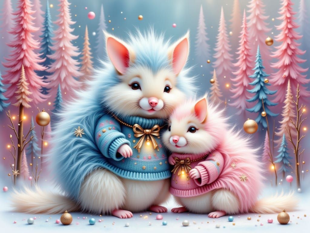 Fluffy Mother and Baby Doodlebugs in Pastel Sweaters