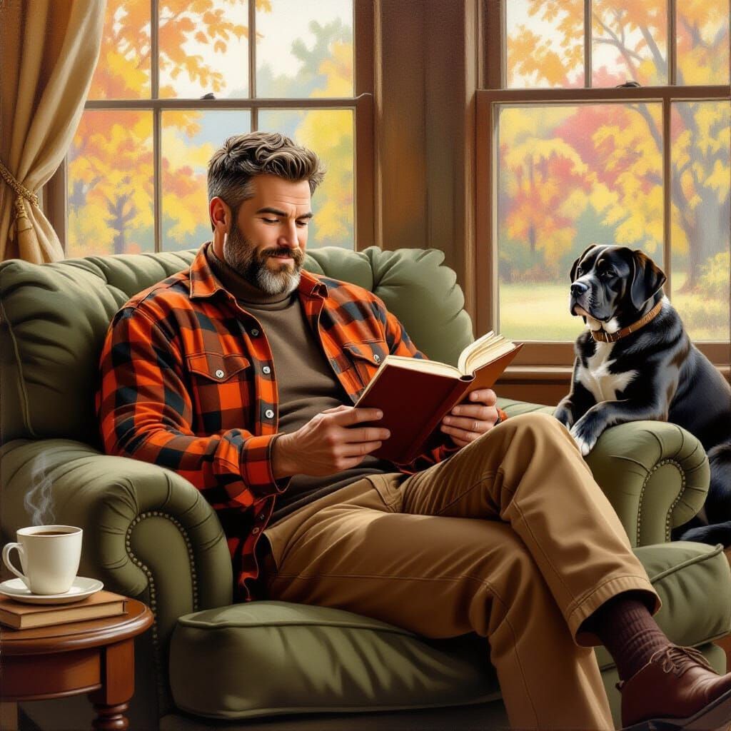 Man Reading by Fireplace with Dog and Cat