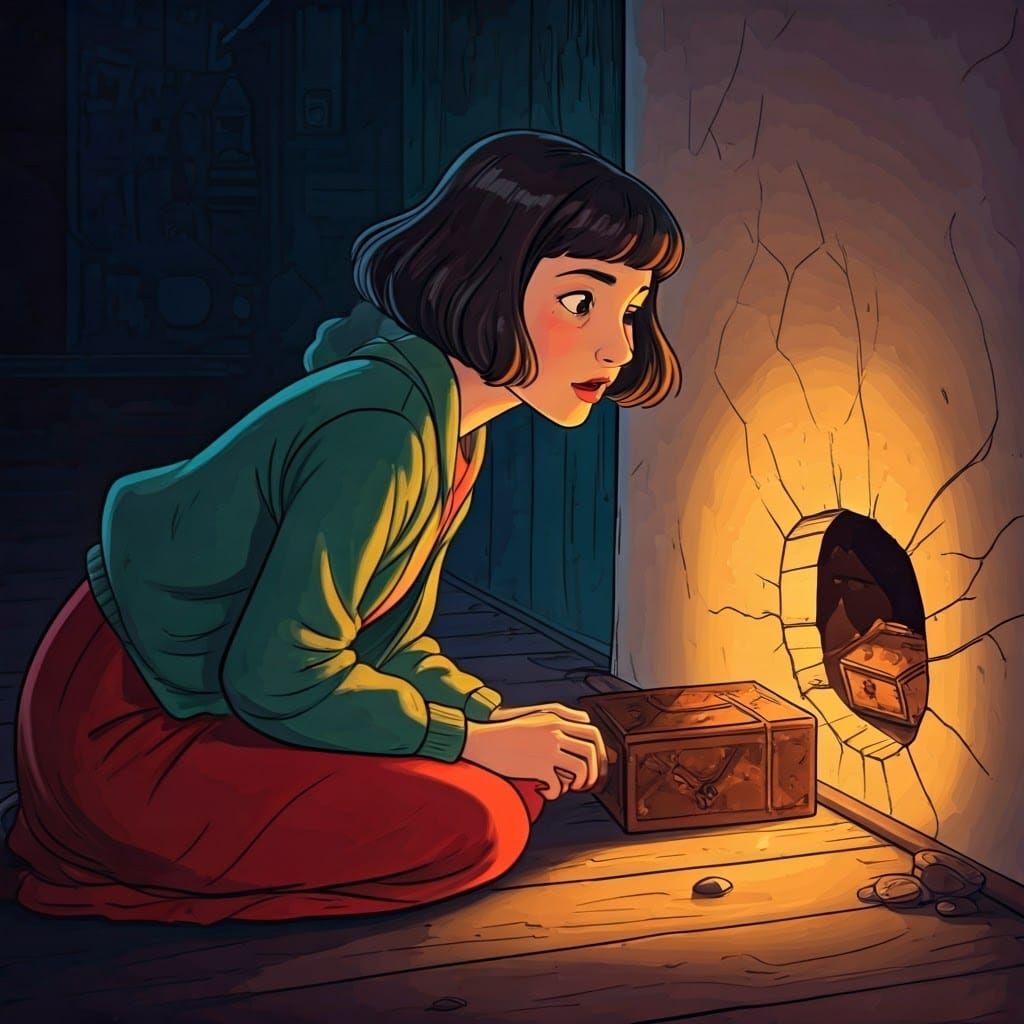 Girl Discovering Mystery Hole, Expressive Nostalgic Art