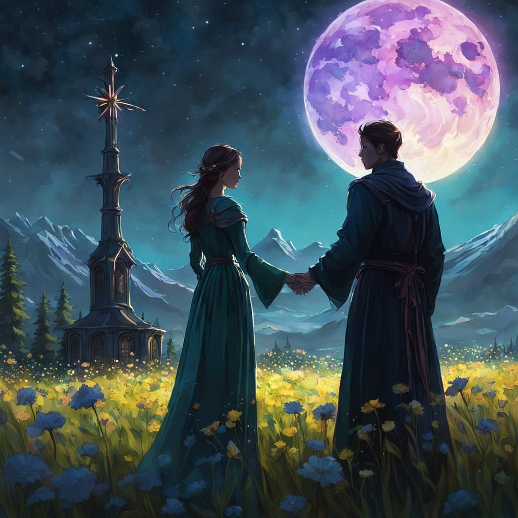 Young Couple Embraced by Luminous Blooms and Ethereal Light