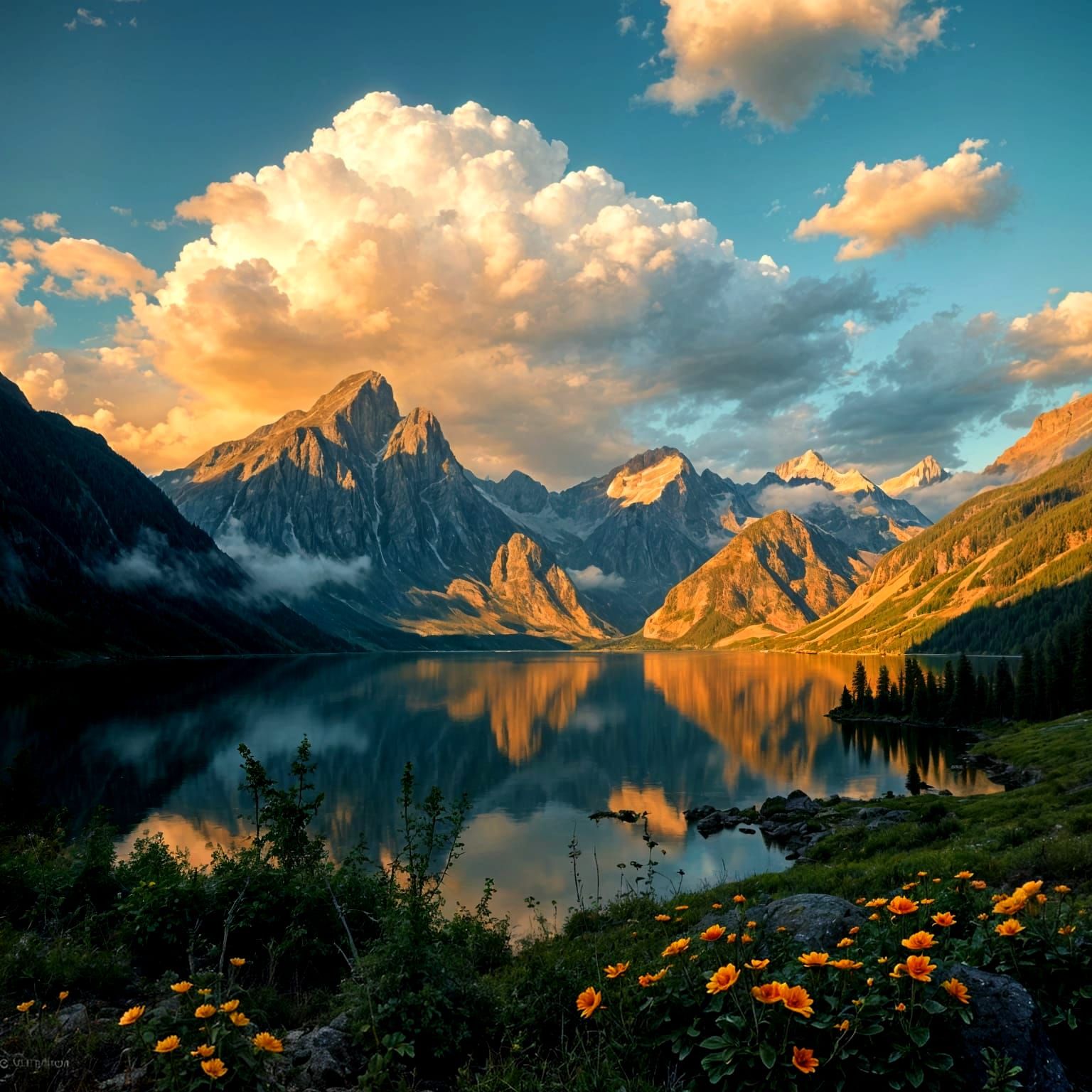 Romantic Mountain Lake with Dramatic Clouds