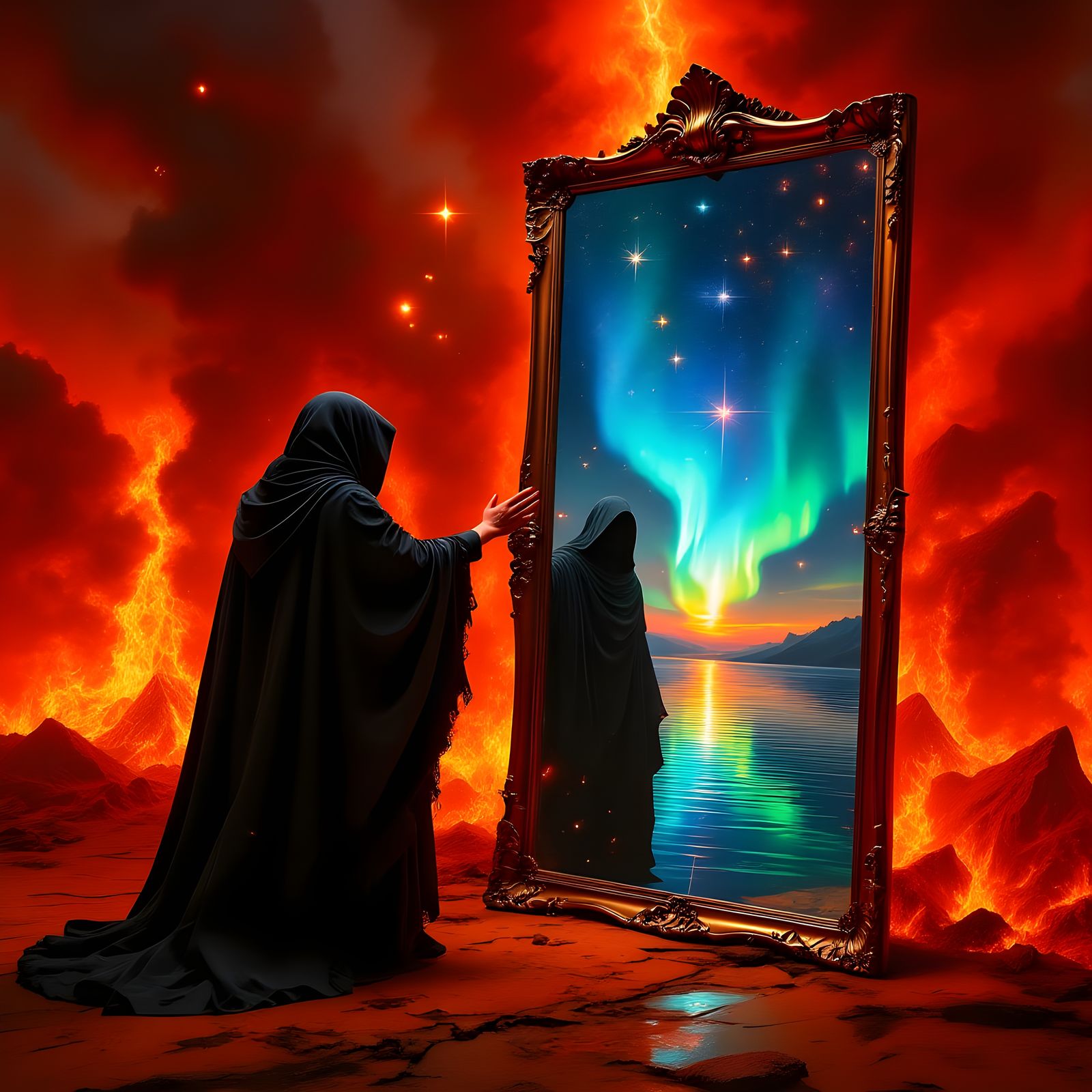 Surreal Mirror Reflects Cosmic Sky in Abandoned Room