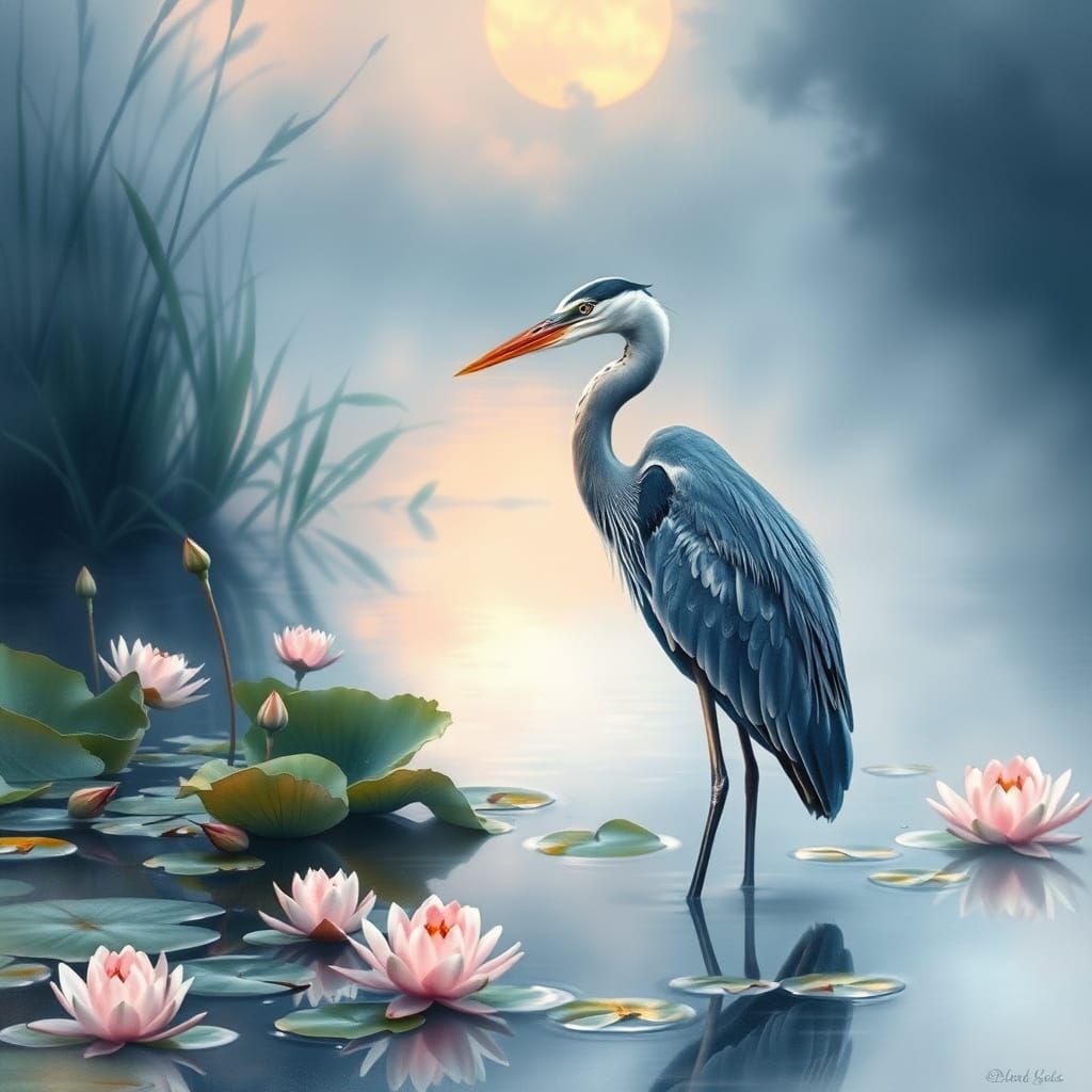 Great Blue Heron in Ethereal Airbrushed Watercolor
