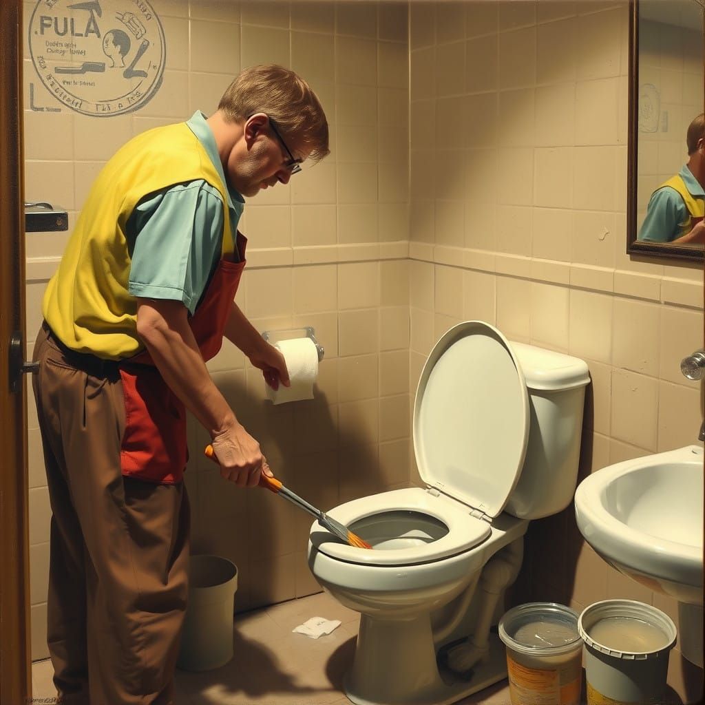 Janitor at Work in a Vibrant Oil Painting