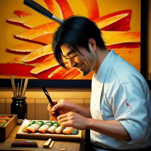 Smiling Sushi Chef: Impressionist Oil Painting