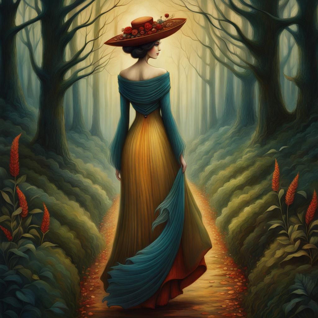 Woman in Dress on Forest Path Digital Painting