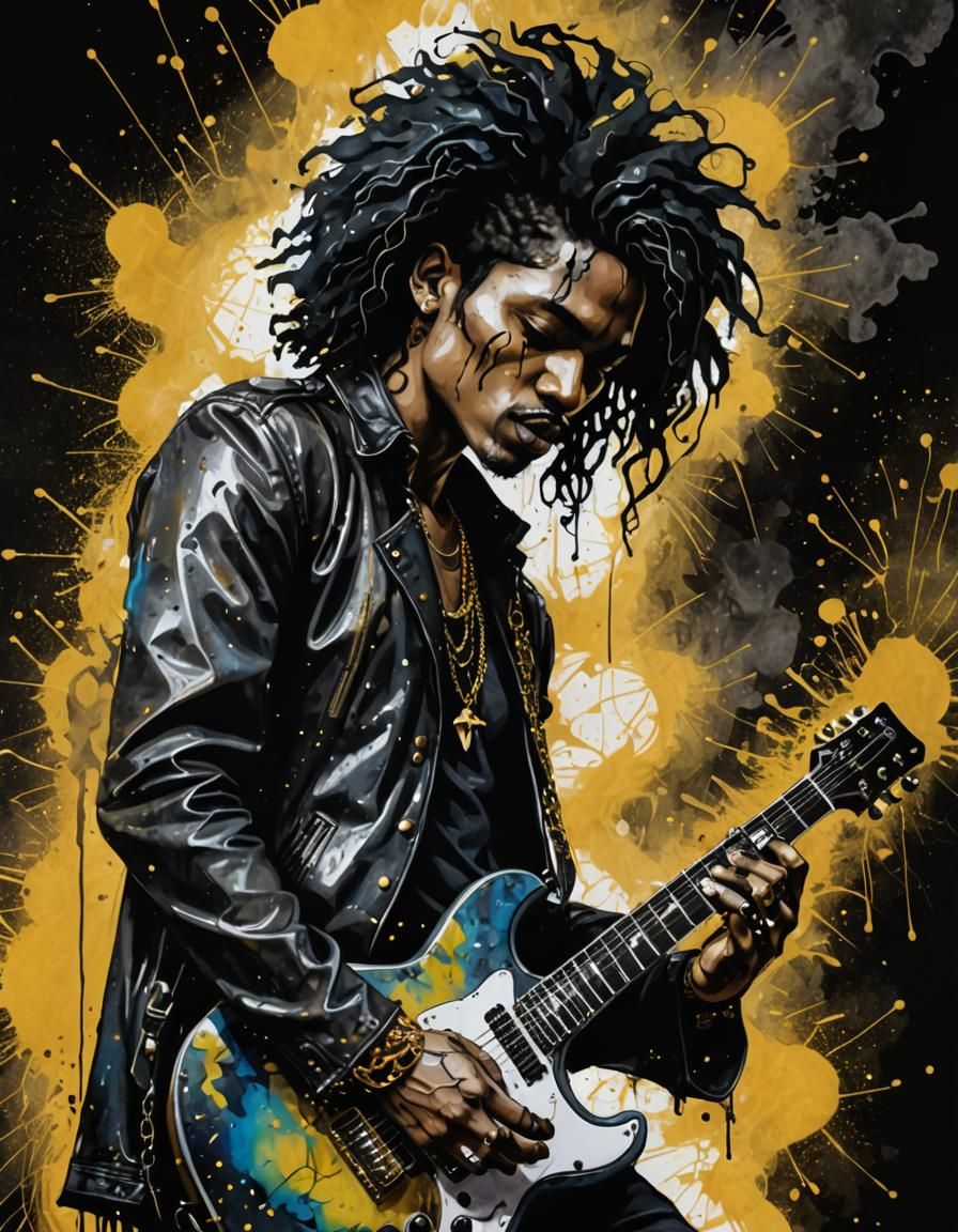 Psychedelic Blues Guitarist with Ink Splashes