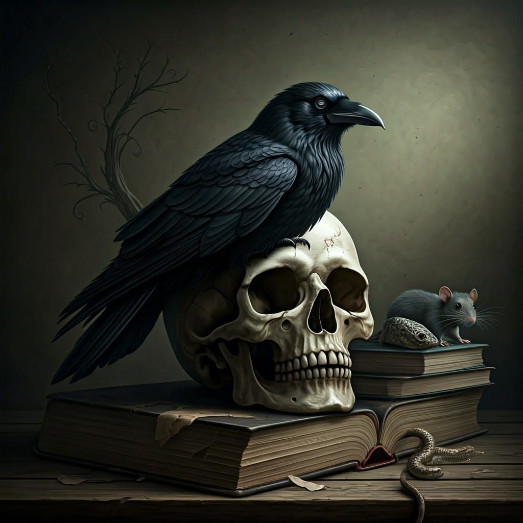 Crow and Skull on Books in Surreal Style