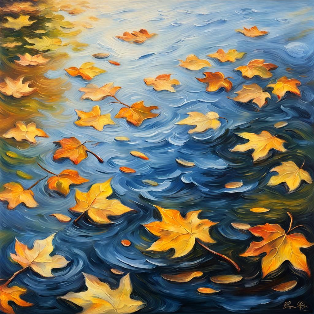 Autumn Leaves Dance on Pond: Impressionistic Oil Painting