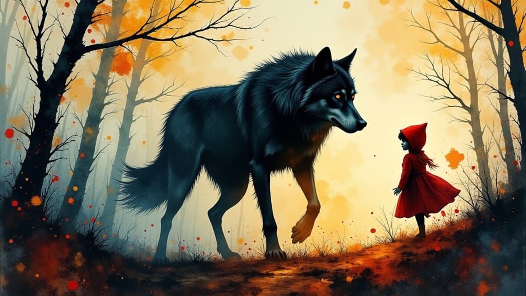 Big Bad Wolf Chasing Viewer in Red Riding Hood Silhouette