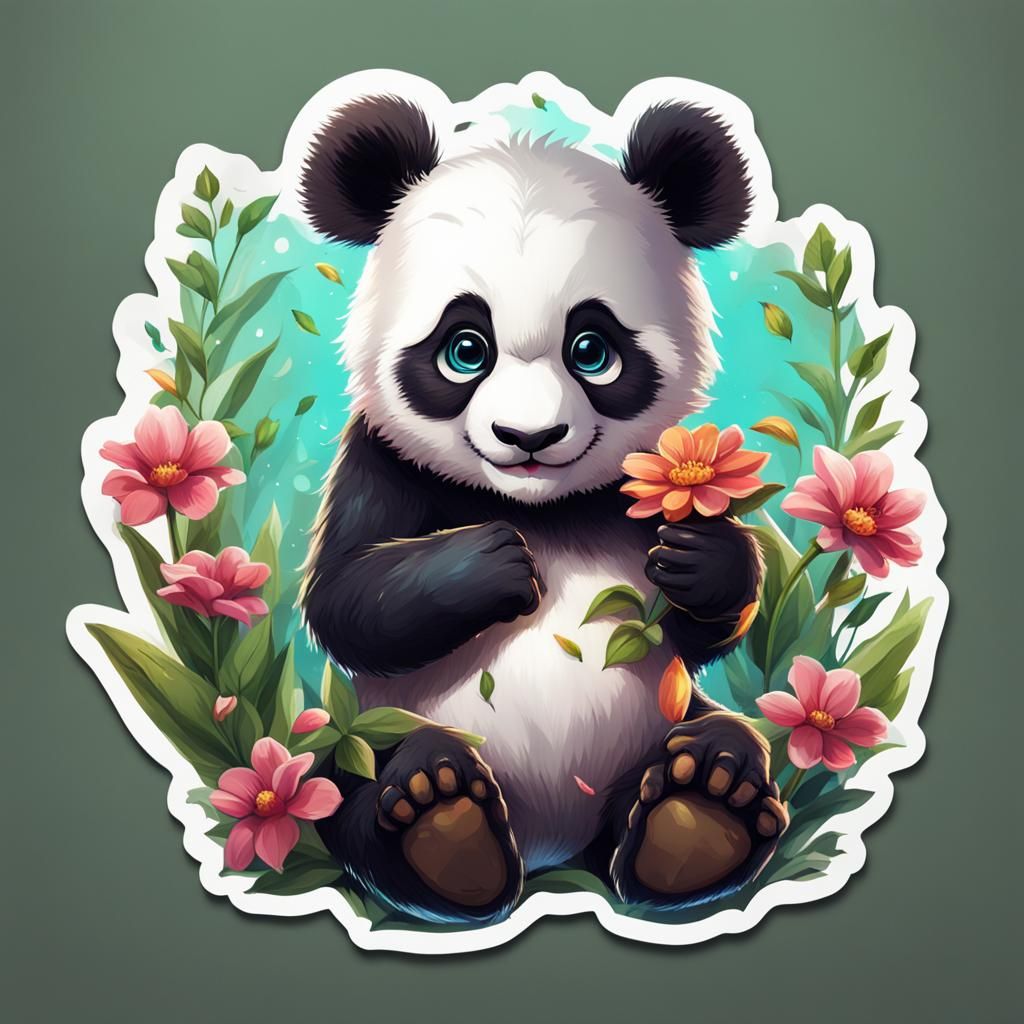 Cute Panda with Flower Sticker Art