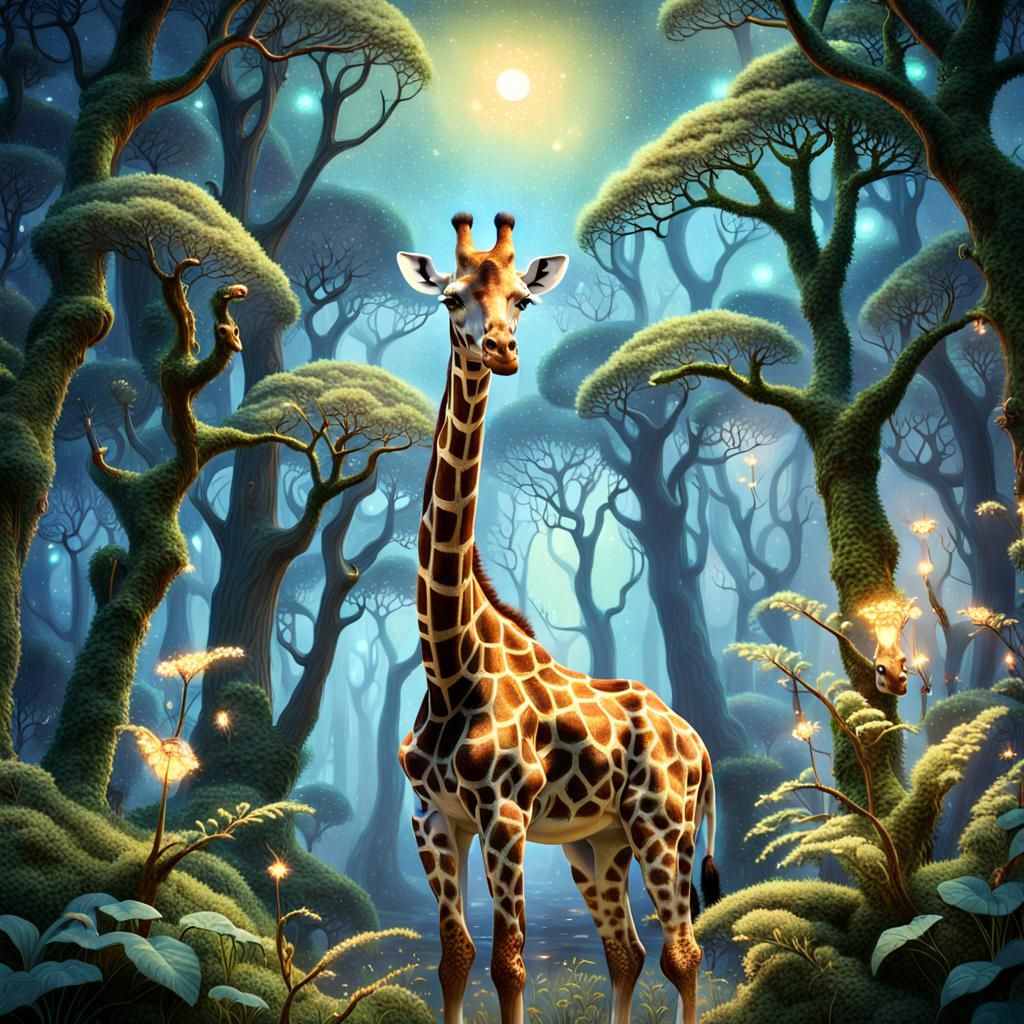 Ethereal Giraffe Emerges from Mystical Forest in Soft Focus