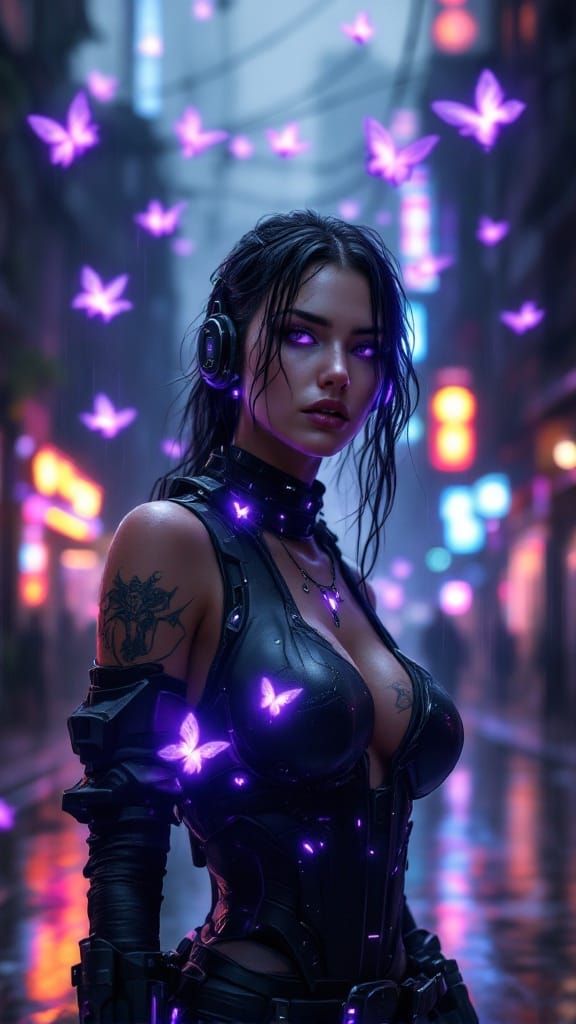 Cyberpunk Woman in Futuristic Alleyway with Neon-Purple Dron...