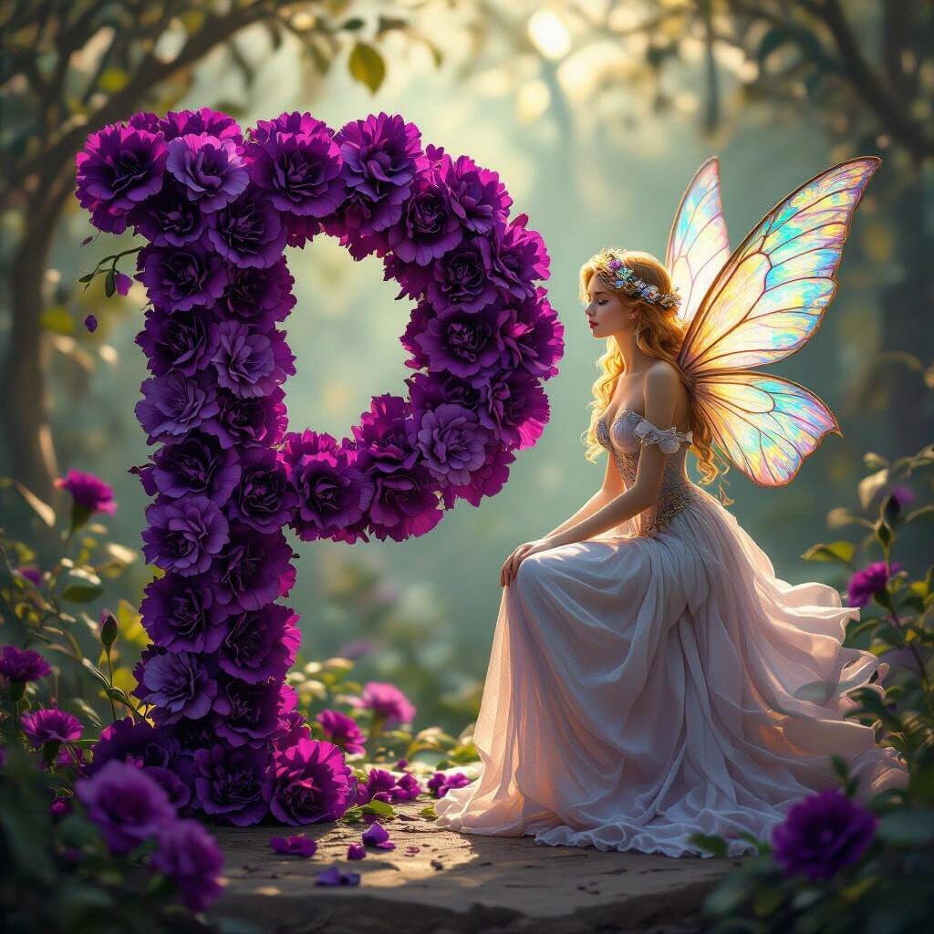 Purple Carnation Letter P with Fairy, Pre-Raphaelite Style