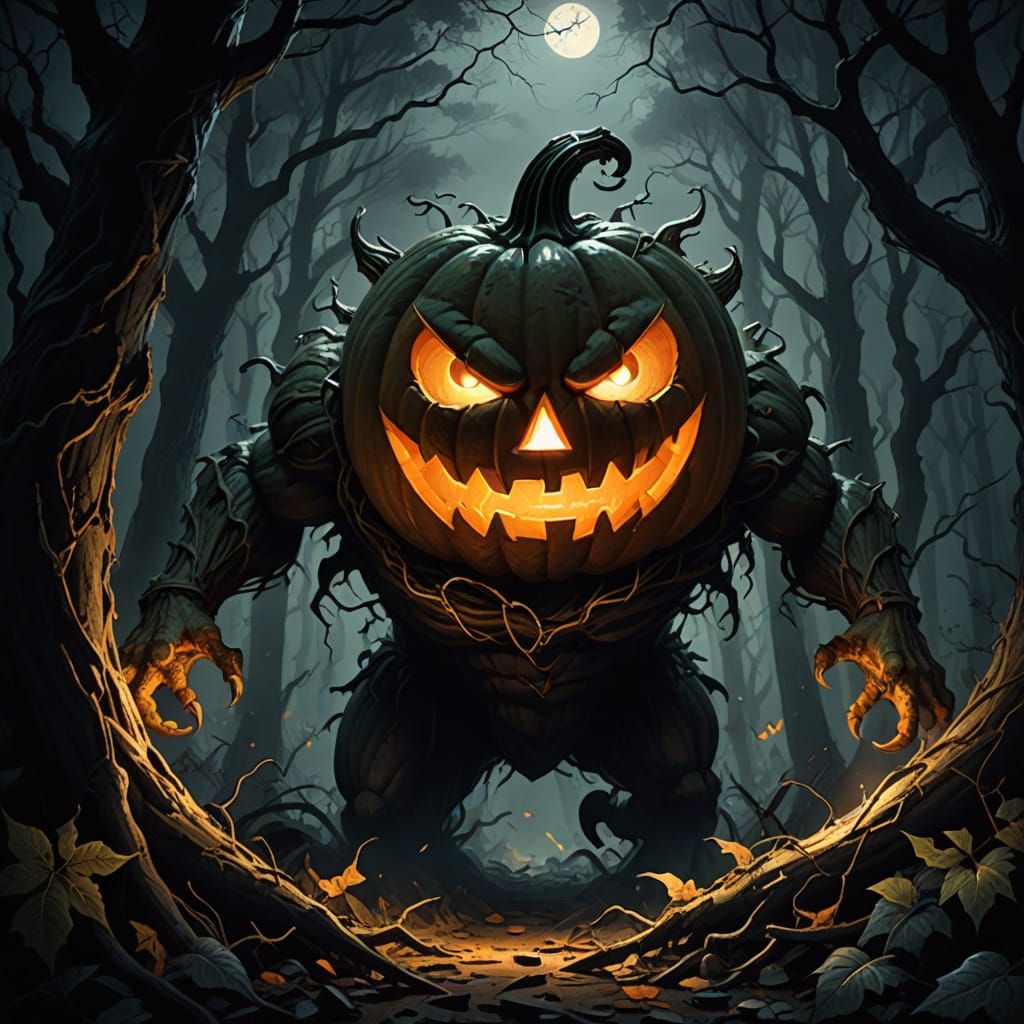 Monstrous Jack-o-Lantern Grins in Dark Forest