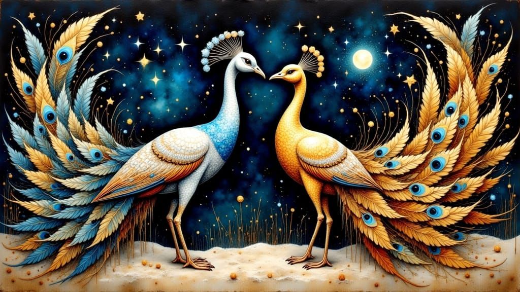 Ethereal Peacocks Dance Under Celestial Skies