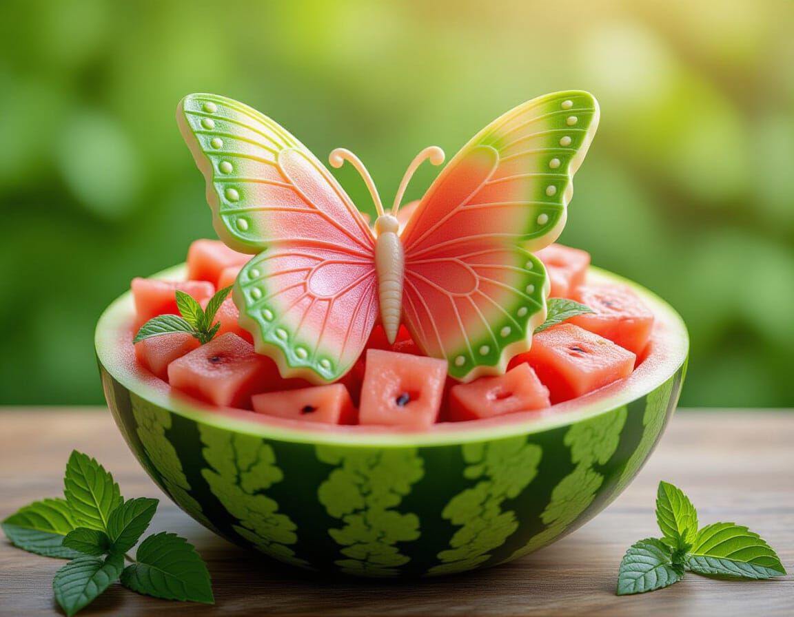 Detailed Watermelon Butterfly Sculpture with Mint Garnish