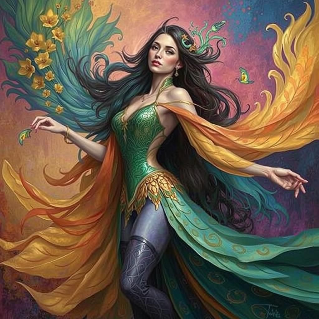 Dragon Peacock Woman in Fauvist Fantasy Art Style